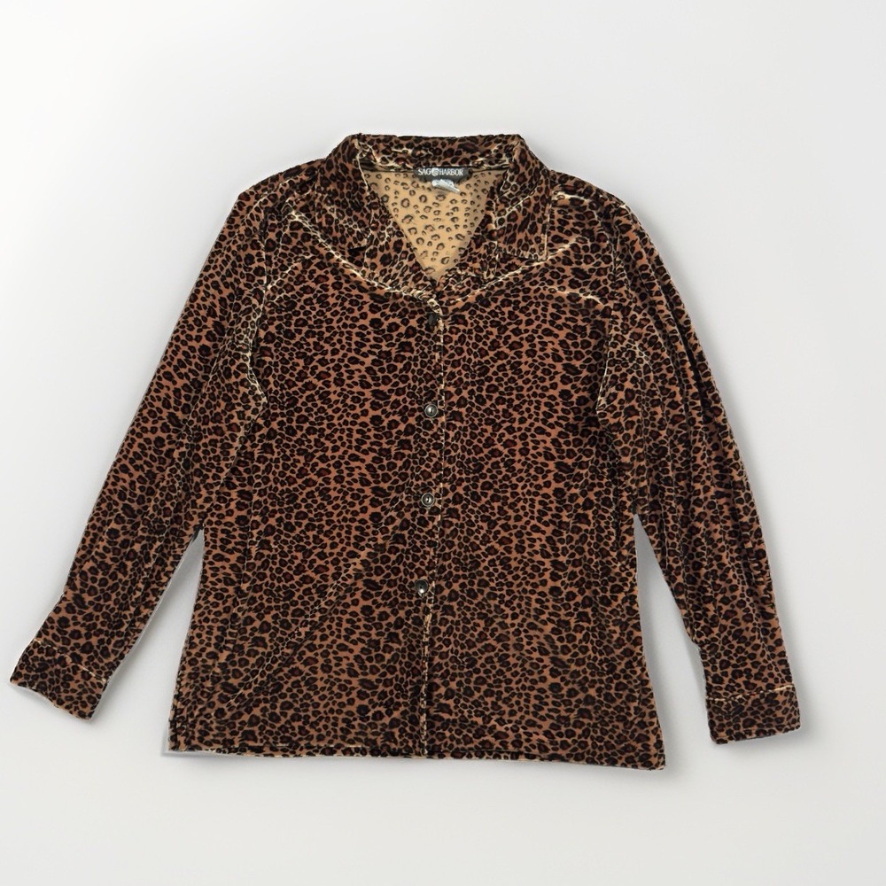 Vintage Sag Harbor Womens M Leopard Print Velour Button Up Shirt Animal 90s
